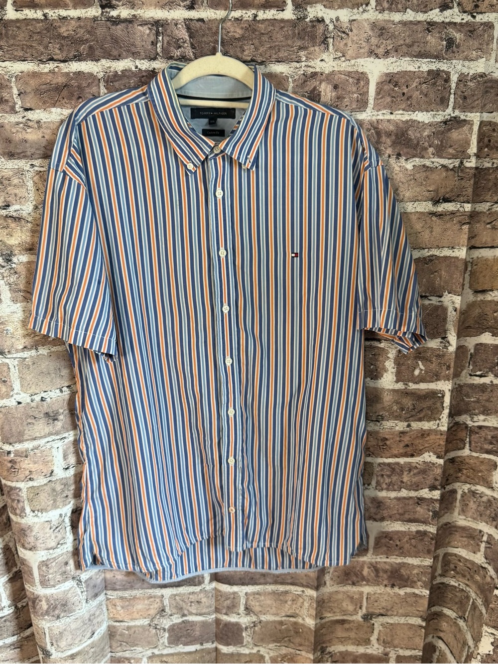 Tommy Hilfiger Blue & Orange Striped Short-Sleeve Button-Down Shirt XXL